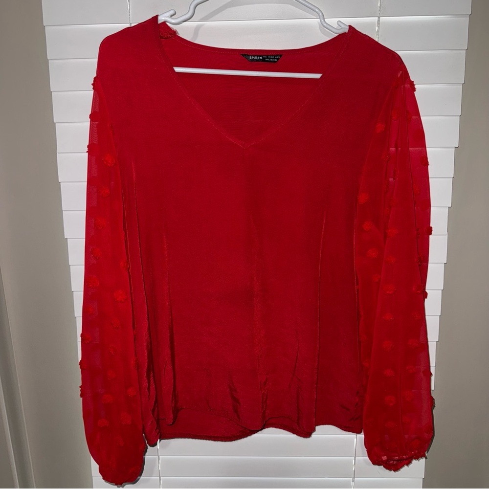 SHEIN LARGE Red V-Neck Blouse with Sheer Sleeves